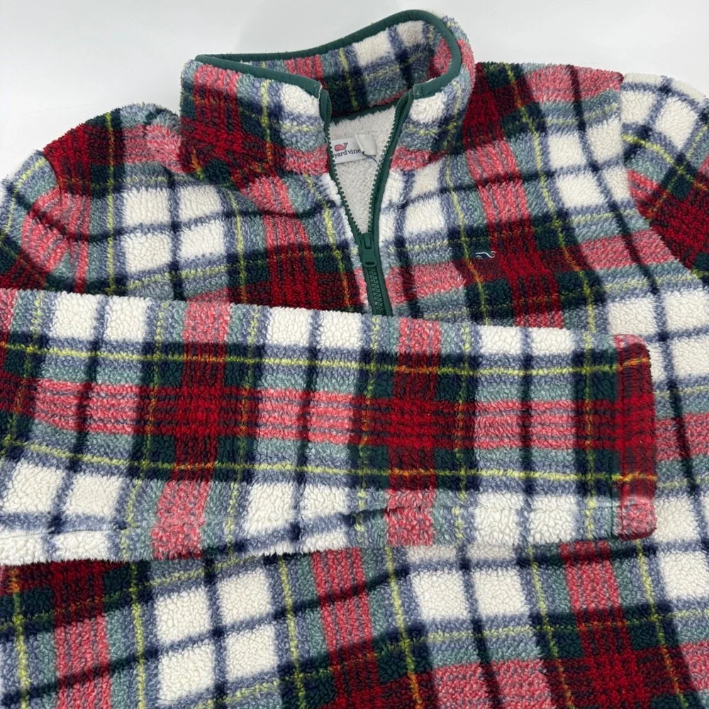Vineyard Vines Women XL Plaid Sherpa Fleece Quarter Zip Pullover Red Green White - Picture 1 of 12